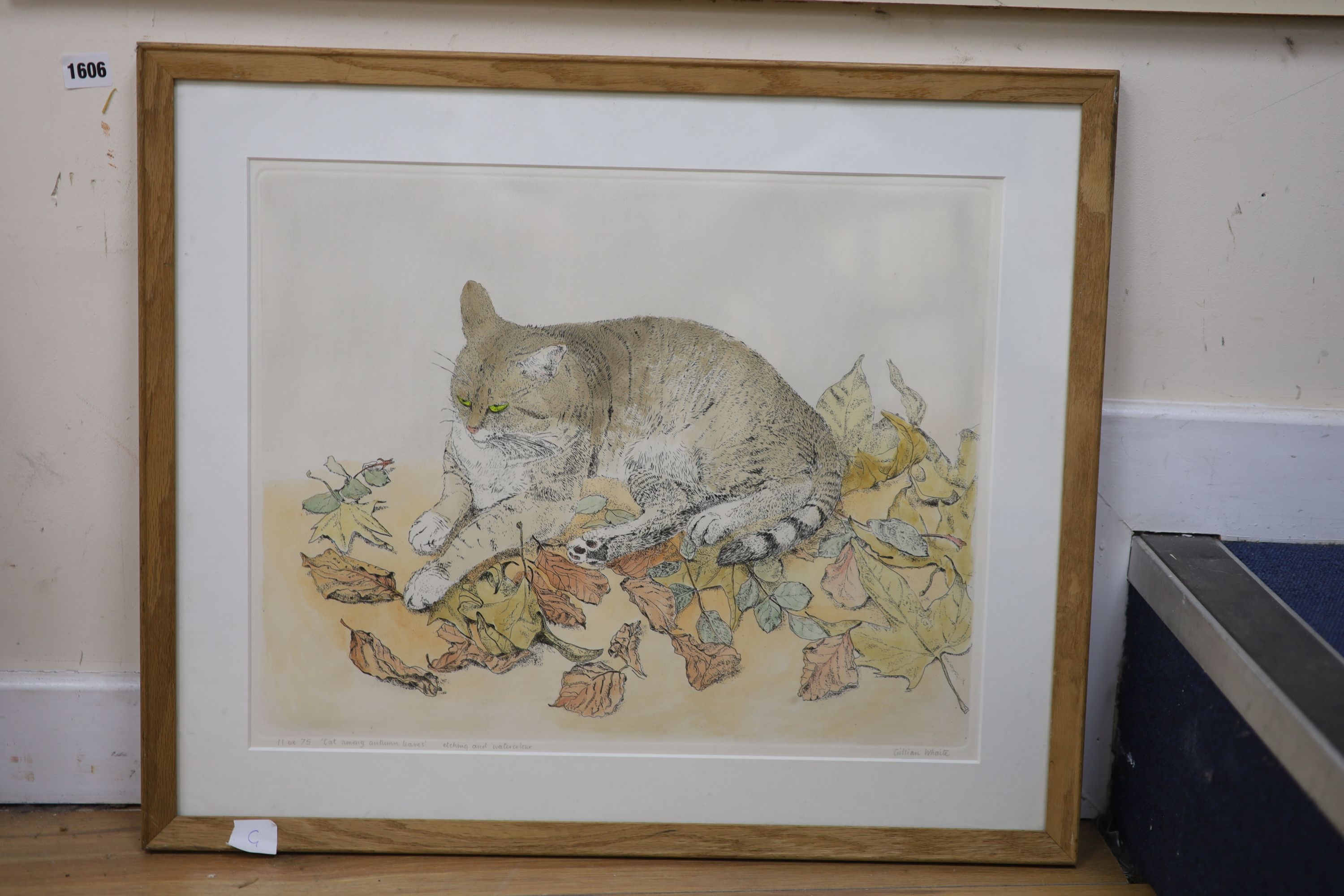 Gillian Whaite (1934-), etching and watercolour, Cat among autumn leaves, signed, 11/75, 40 x 50cm